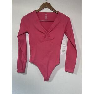 Aura Bodysuit Pink Sz M / L V-Neck Stretchy Ribbed Long Sleeves New